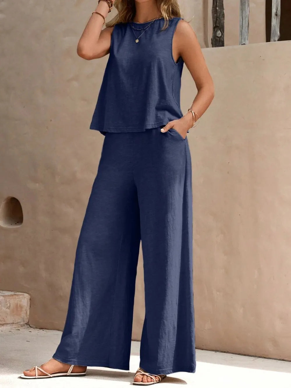 Round Neck Sleeveless Top & Wide Leg Pants Set – Two-Piece