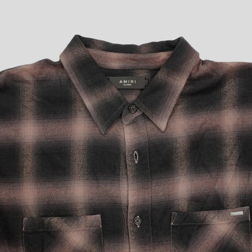 Amiri Distressed Plaid Button Up in Brown
