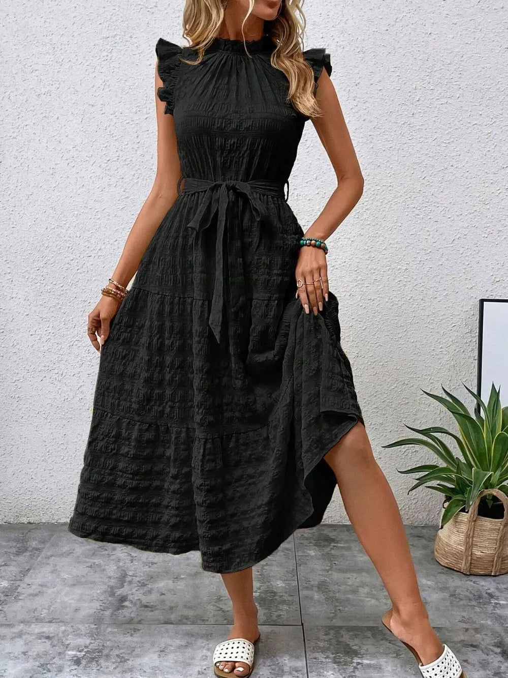 Tied Ruffled Cap Sleeve Midi Dress – Feminine Flowy Style