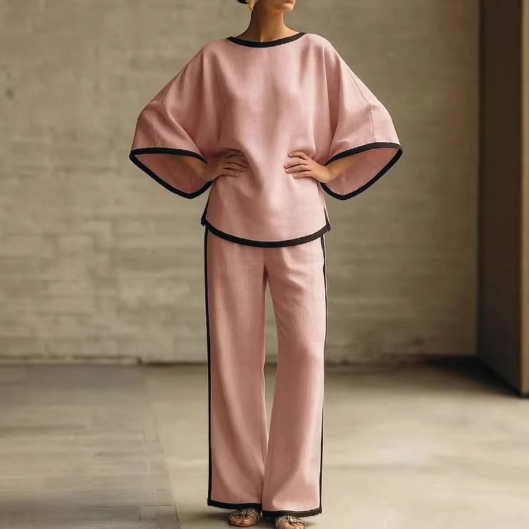Loose Bat Sleeve Two-Piece Set – Round Neck Top & Wide Leg Pants
