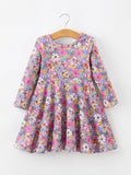 Fall Vintage Floral Print Girls Long Sleeve Twirl Dress