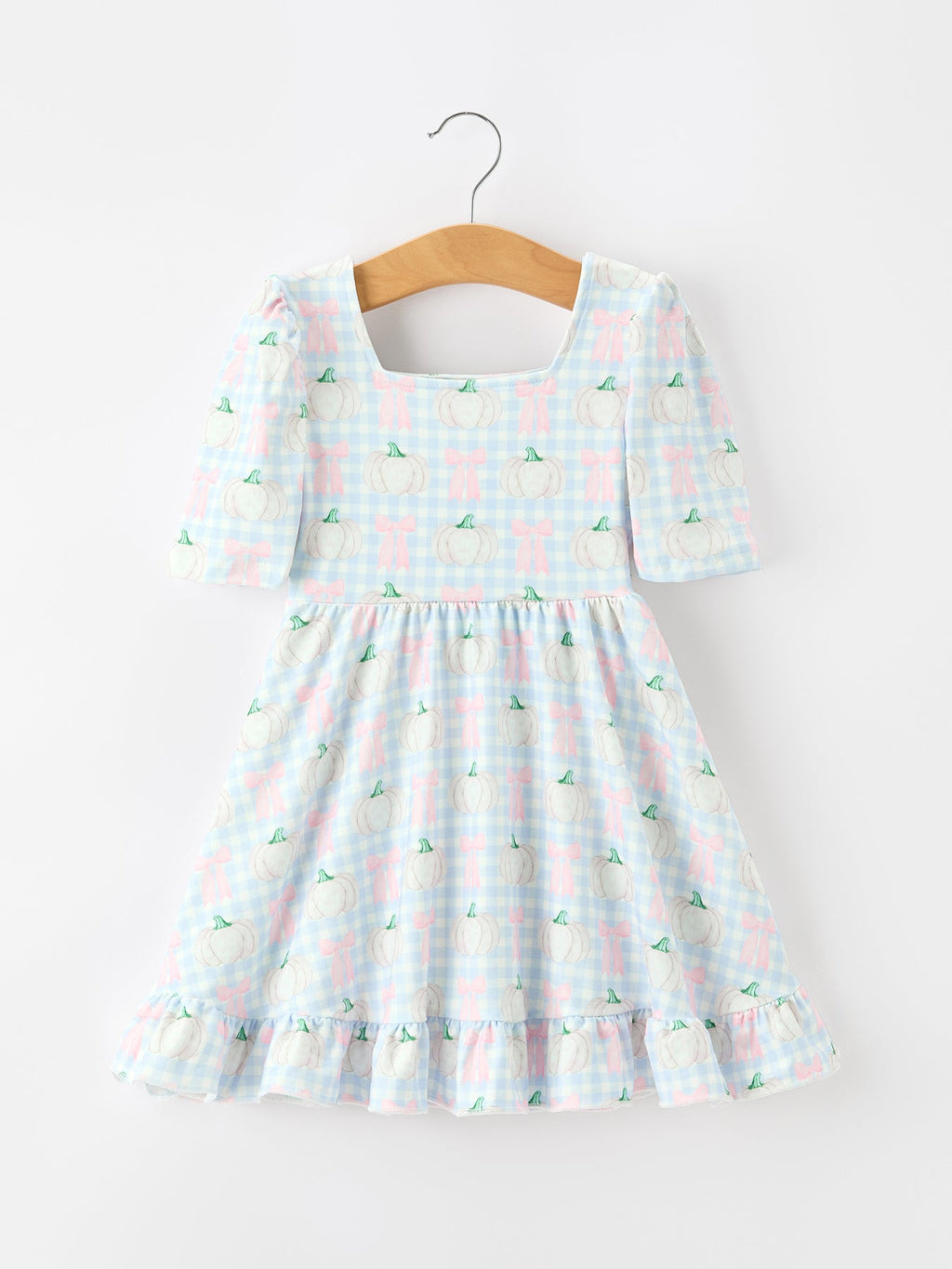 Fall Pastel Pumpkin Bow Plaid Girls Ruffle Hem Dress
