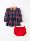 Fall Plaid Girl Set Petal Collar Puff Sleeve Bloomer