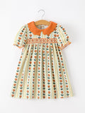 Fall Floral Stripe Girls Dress Petals Collar Smocked Puff Sleeve