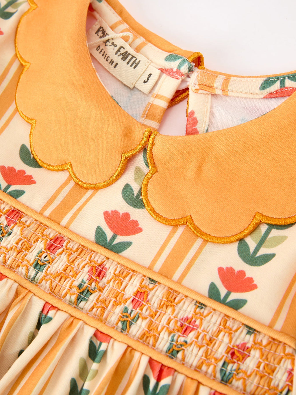 Fall Floral Stripe Girls Dress Petals Collar Smocked