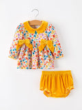 Floral Baby Girl Outfit Set Yellow Velvet Collar Bow Bloomers