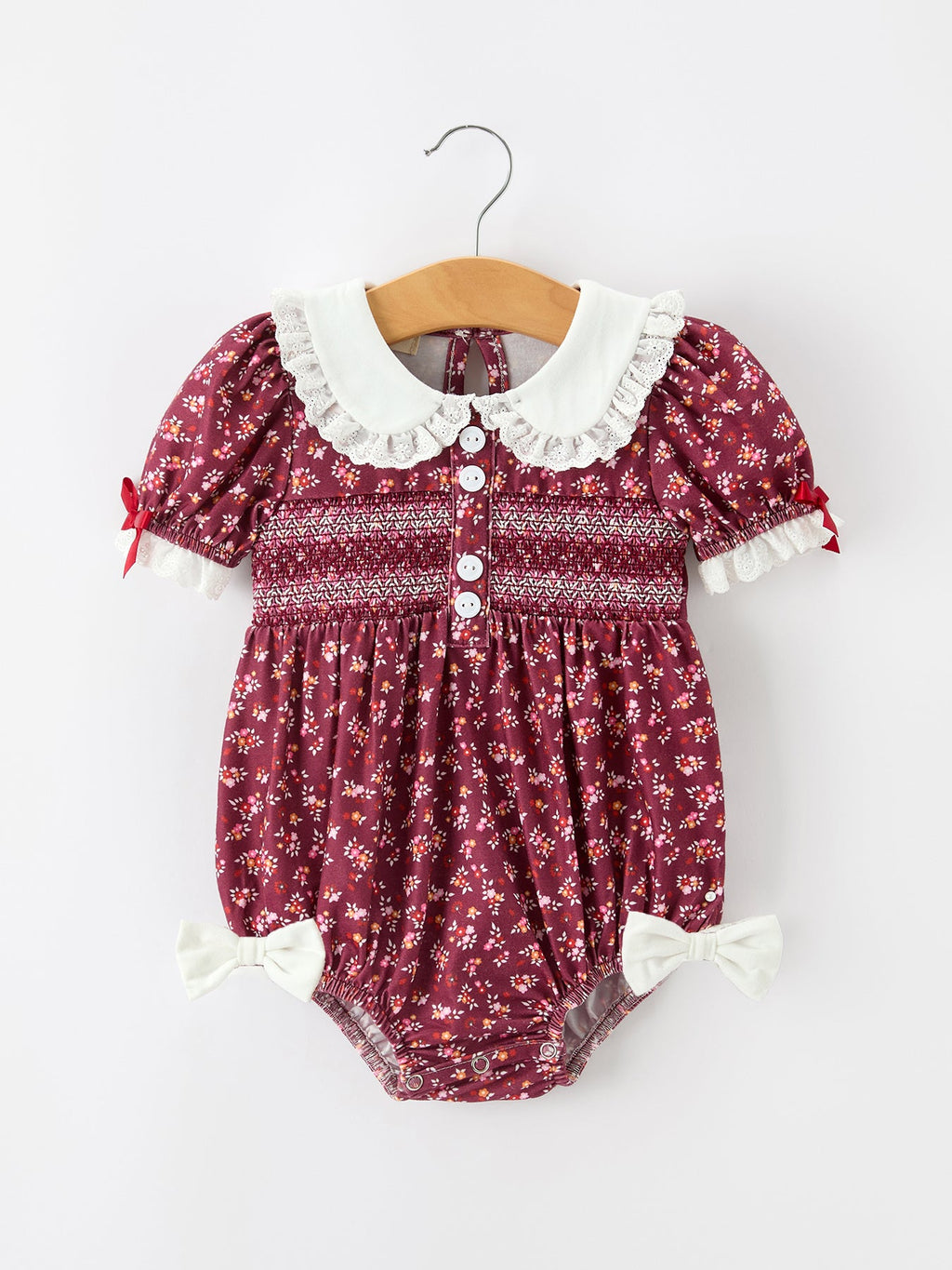 Burgundy Floral Smocked Baby Girl Bubble Romper Peter Pan Collar
