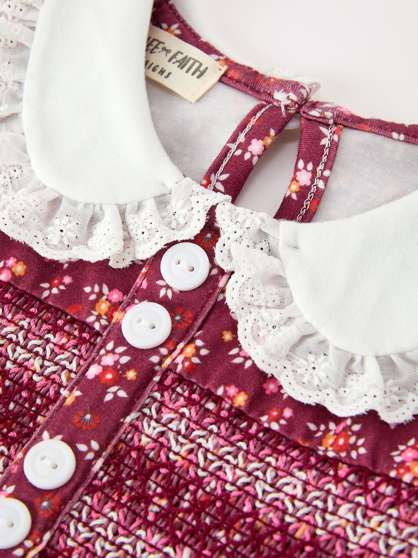 Burgundy Floral Smocked Baby Girl Bubble Romper Peter Pan Collar