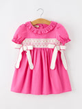 Fall Girl Hot Pink Ruffle Smocked Embroidery Dress