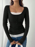Lace Panel Single Button Slim Fit Long Sleeve Top – Round Neck