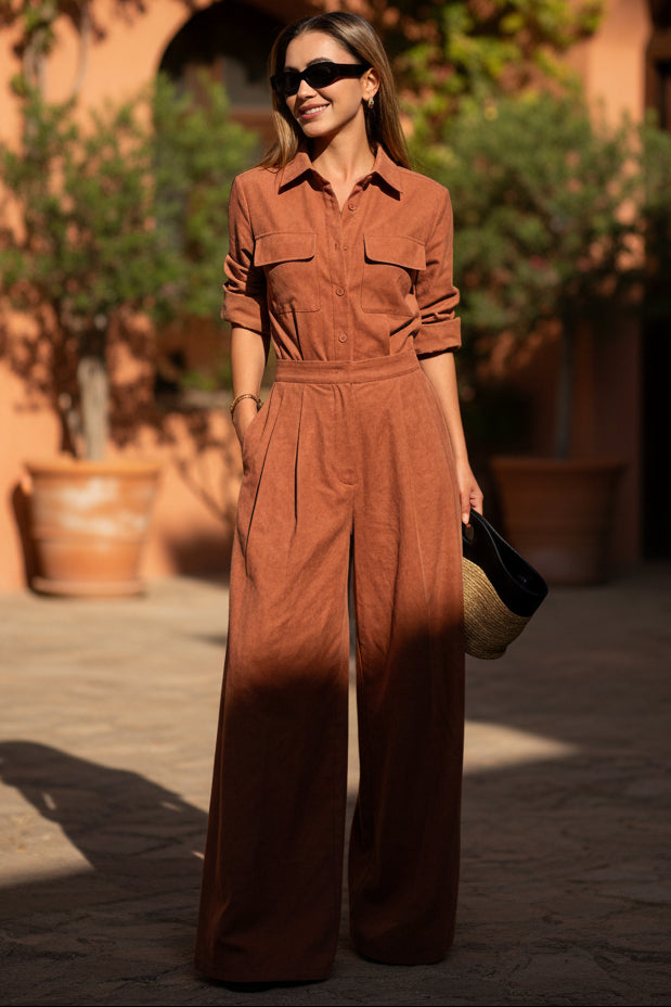 Women's Collar Long Sleeve Jumpsuit – Loose Fit Full Length
