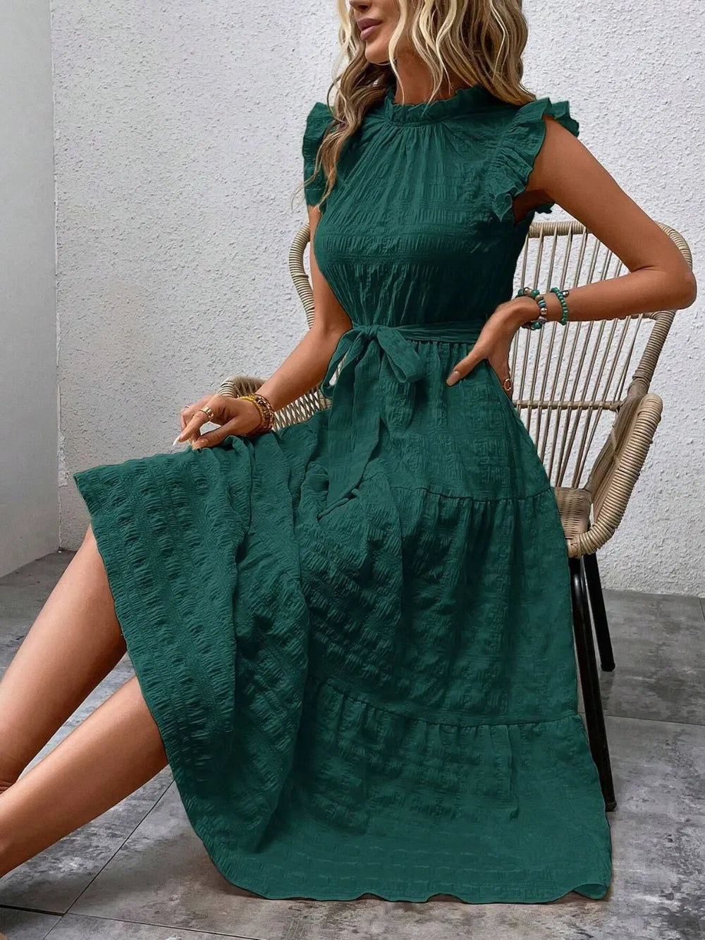 Tied Ruffled Cap Sleeve Midi Dress – Feminine Flowy Style