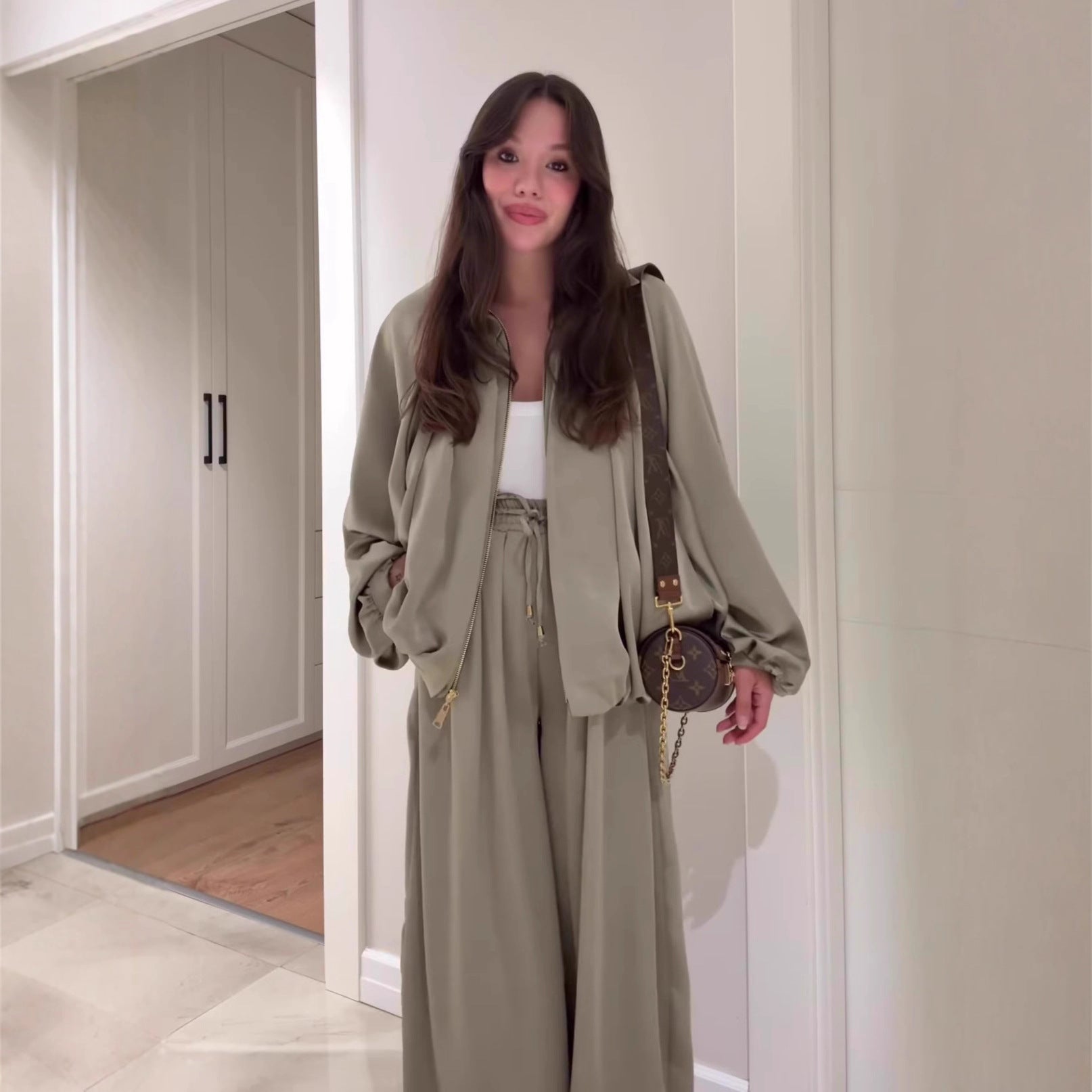 Flip Collar Long Sleeve Jacket & Pants Two-Piece Set