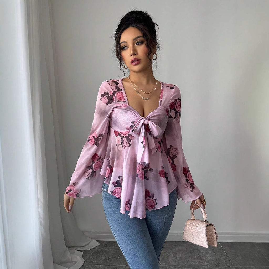 Floral Ombré Tie-Back Square Neck Long Sleeve Blouse – Sweet Style
