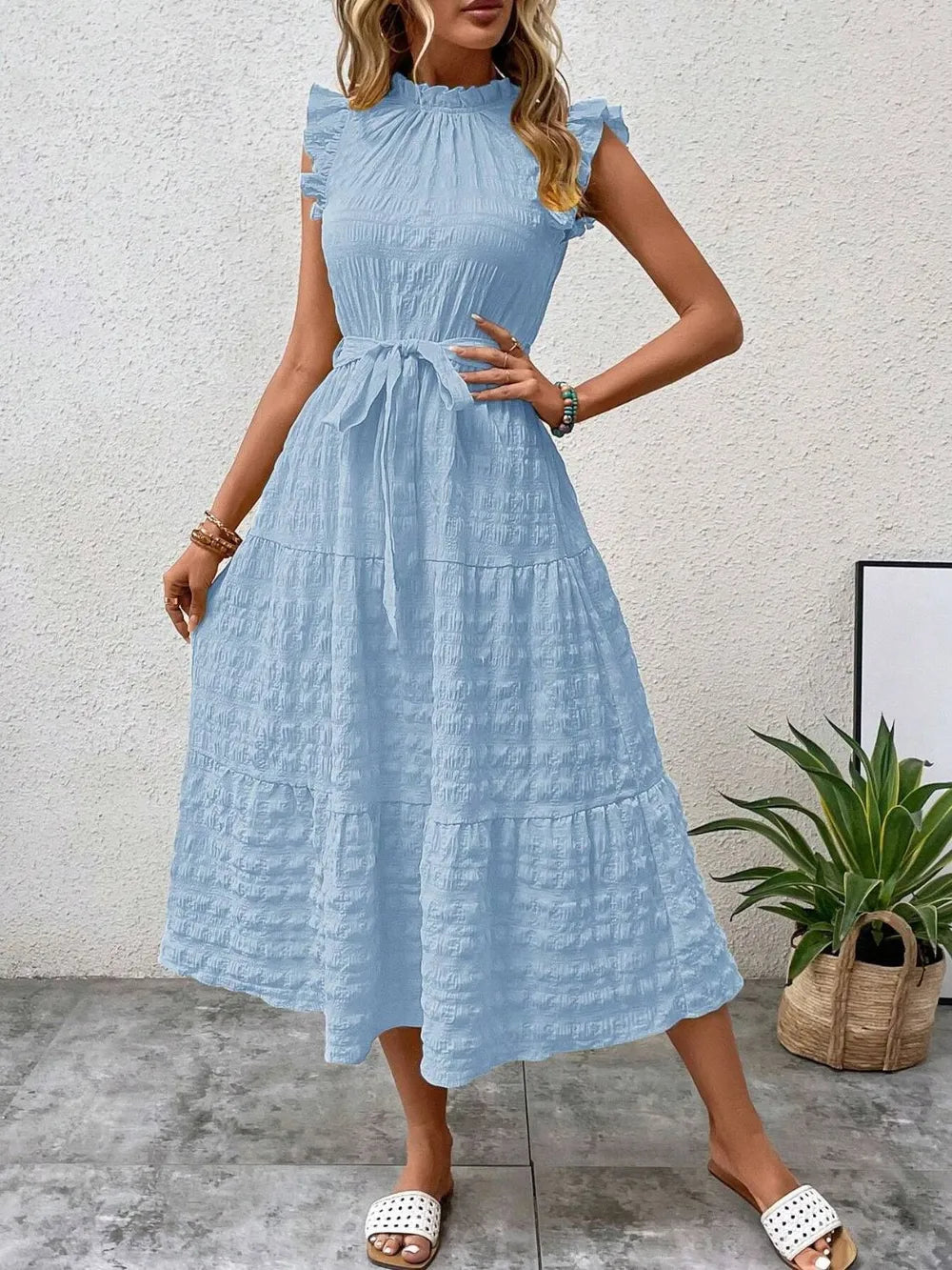 Tied Ruffled Cap Sleeve Midi Dress – Feminine Flowy Style