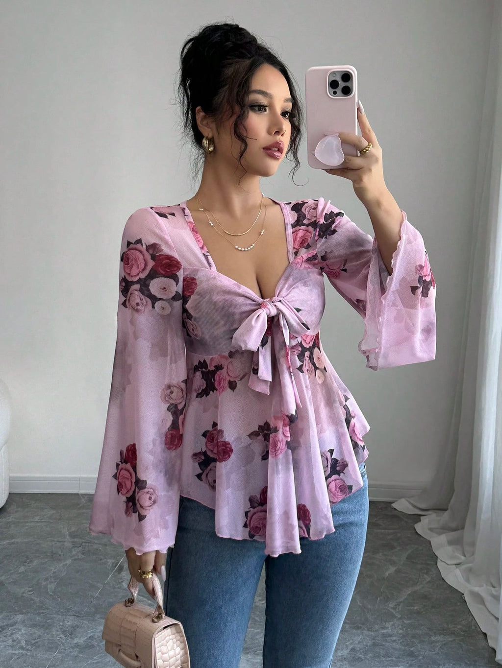 Floral Ombré Tie-Back Square Neck Long Sleeve Blouse – Sweet Style