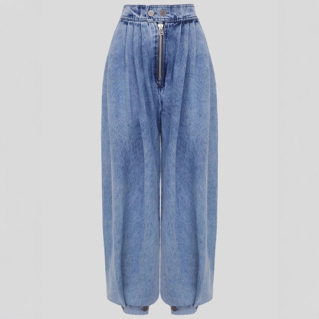 High Waisted Leg-Tie Jeans – Zipper Detail Button Closure Long Pants