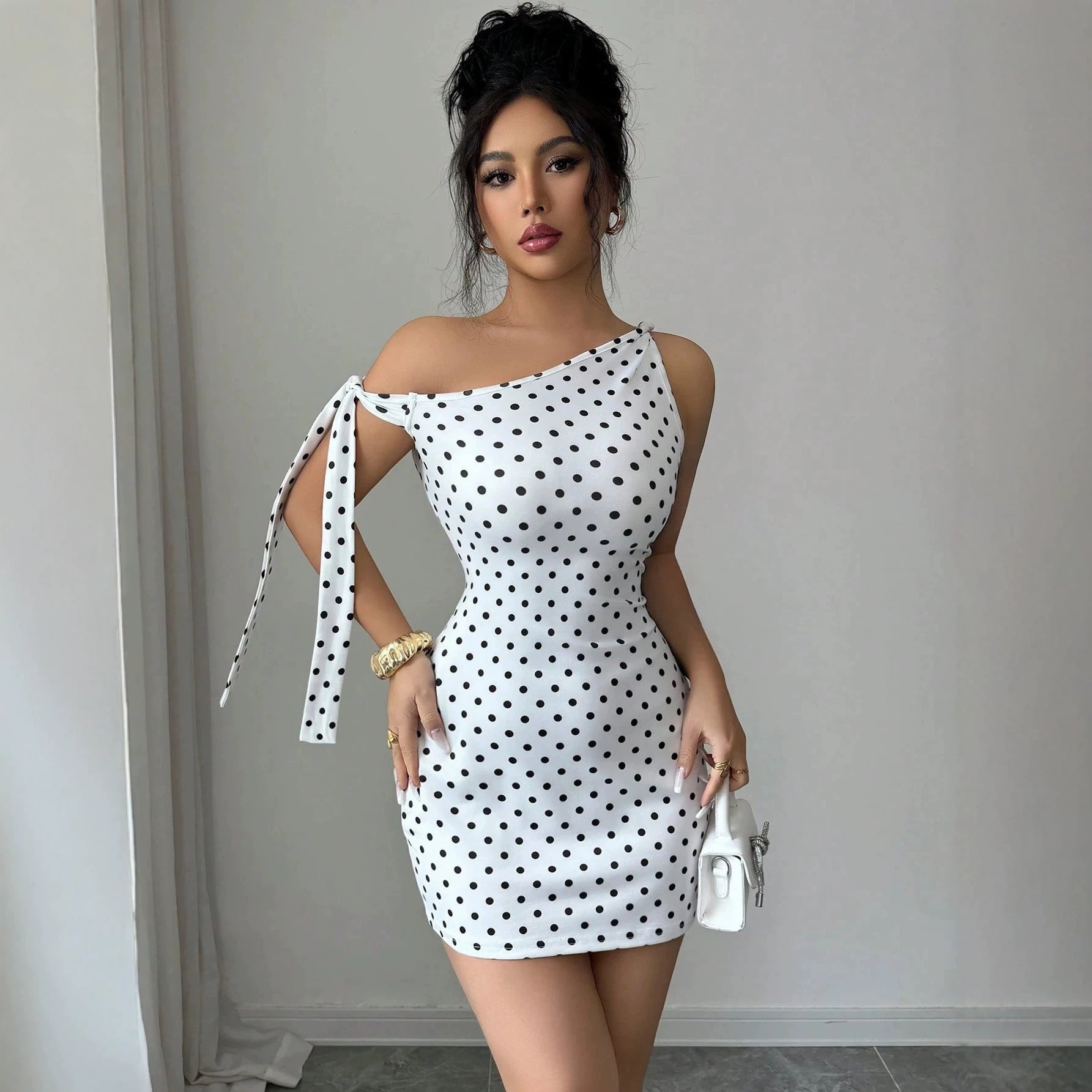 Polka Dot Off-Shoulder Strap Mini Dress – Slim Fit High Waist Bodycon