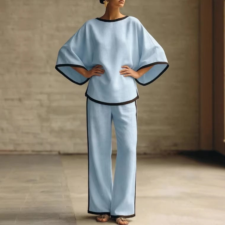 Loose Bat Sleeve Two-Piece Set – Round Neck Top & Wide Leg Pants
