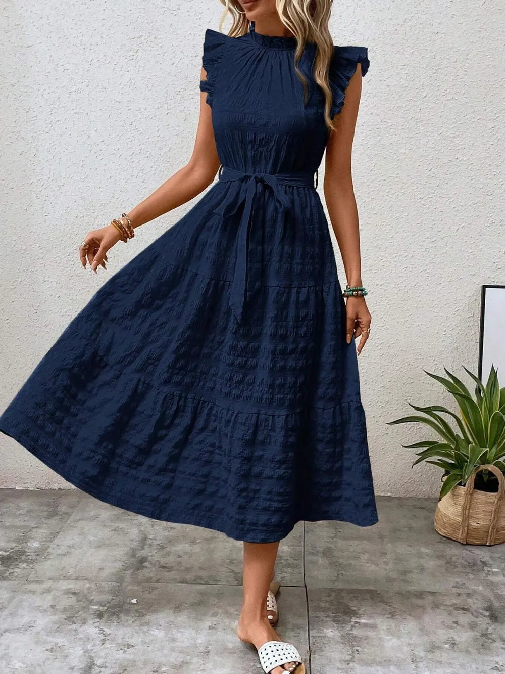Tied Ruffled Cap Sleeve Midi Dress – Feminine Flowy Style