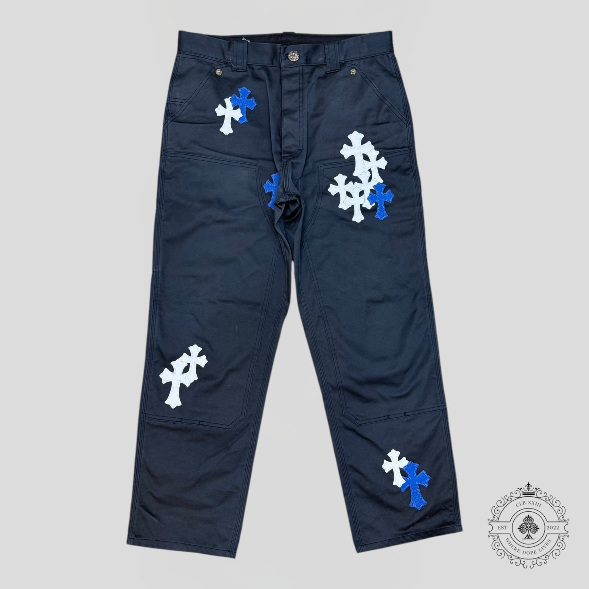 Chrome Hearts Cross Patch Double Knee Carpenter Pants in Blue/White