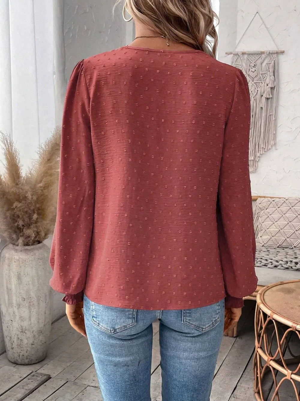 Swiss Dot Lace Detail Notched Long Sleeve Blouse – Feminine Style