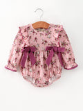 Fall Purple Floral Baby Girl Romper Bow Ruffle Long Sleeve
