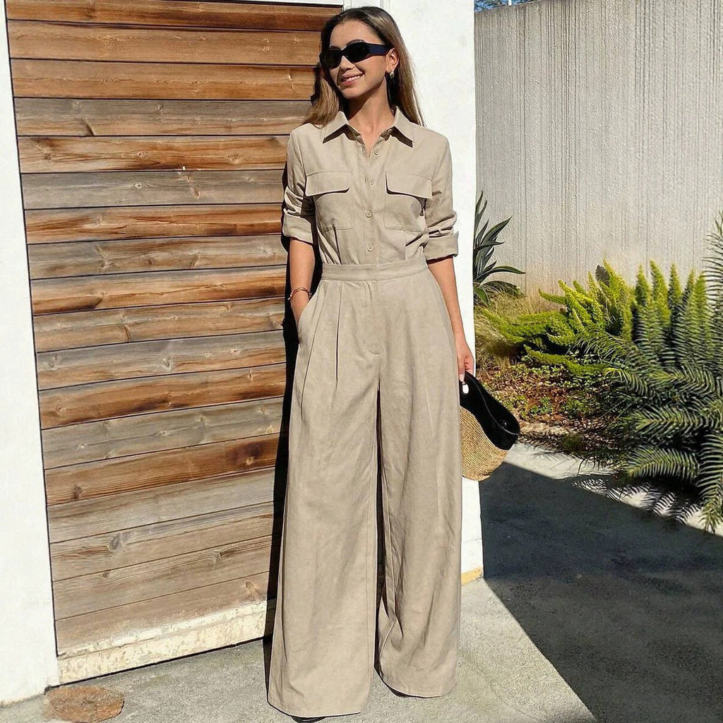Women's Collar Long Sleeve Jumpsuit – Loose Fit Full Length