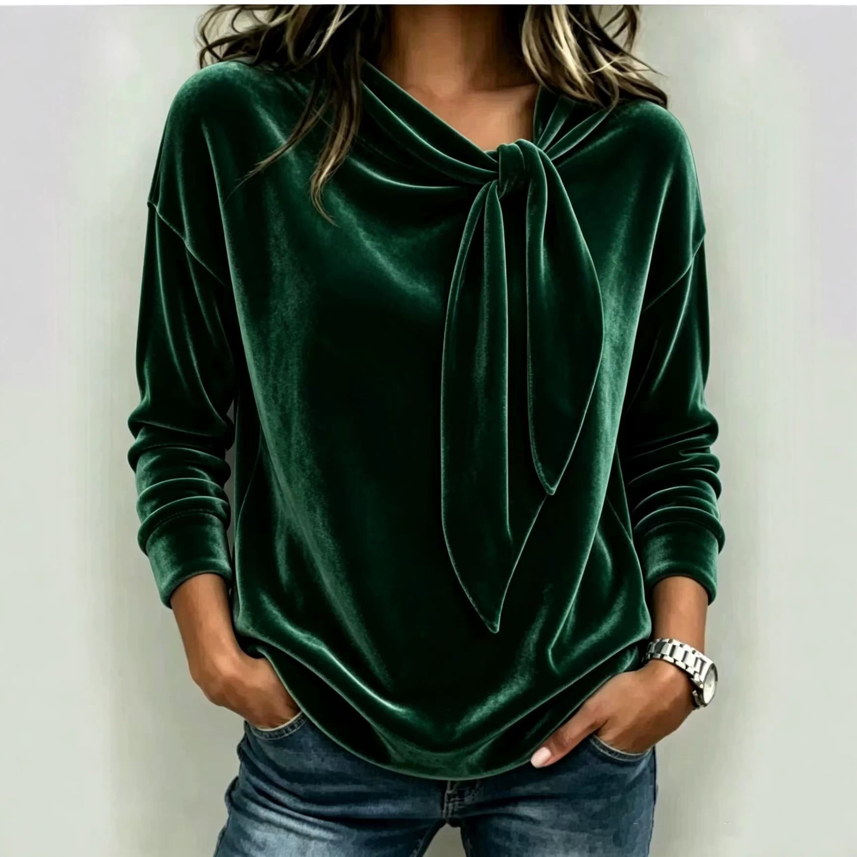 Solid Color Long Sleeve Bow Top – Loose Fit Scarf Collar