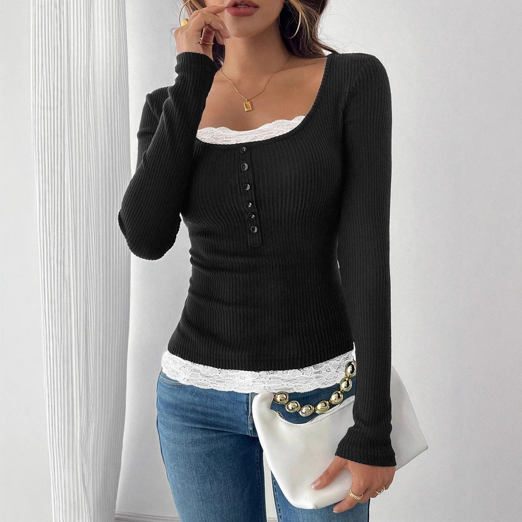 Lace Panel Single Button Slim Fit Long Sleeve Top – Round Neck