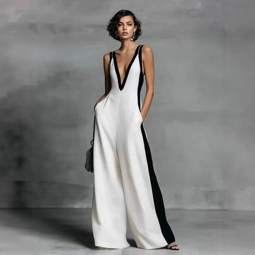 Women's Sleeveless V-Neck Contrast Color Wide-Leg Jumpsuit