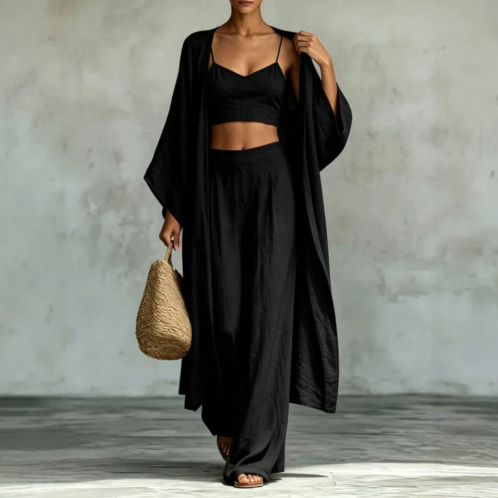 Loose Cardigan & Strap Top High Waist Wide Leg Pants Set – 3-Piece