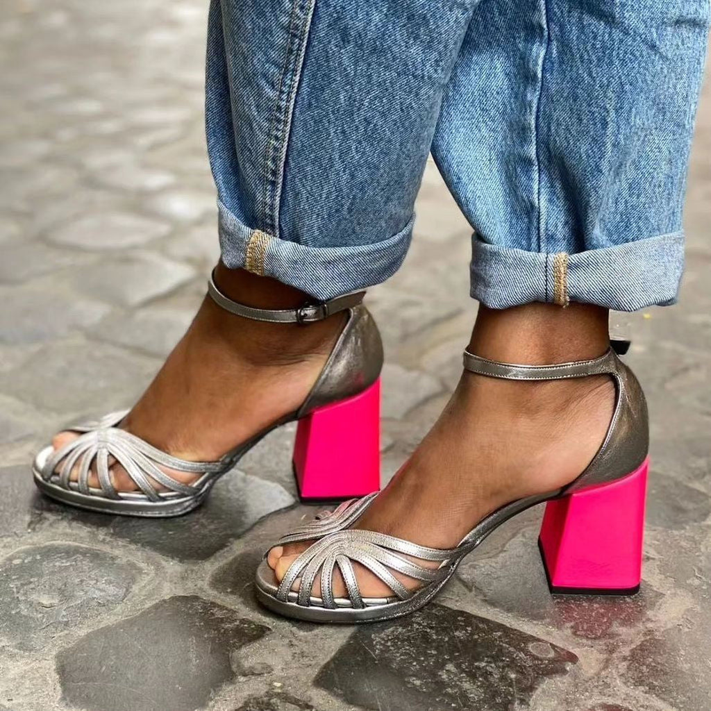 Women's Metallic Block Heel Peep Toe Buckle Sandals