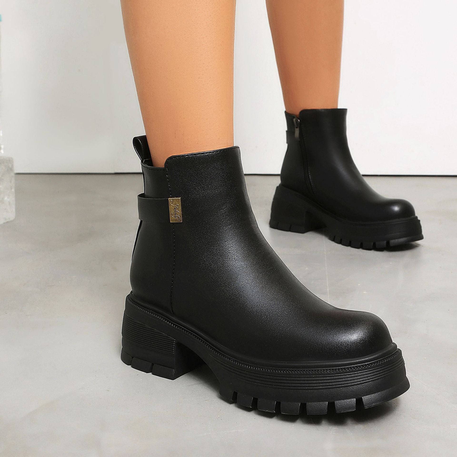 Women's Chunky Platform Ankle Boots – Block Heel Faux Suede & PU Side Zip