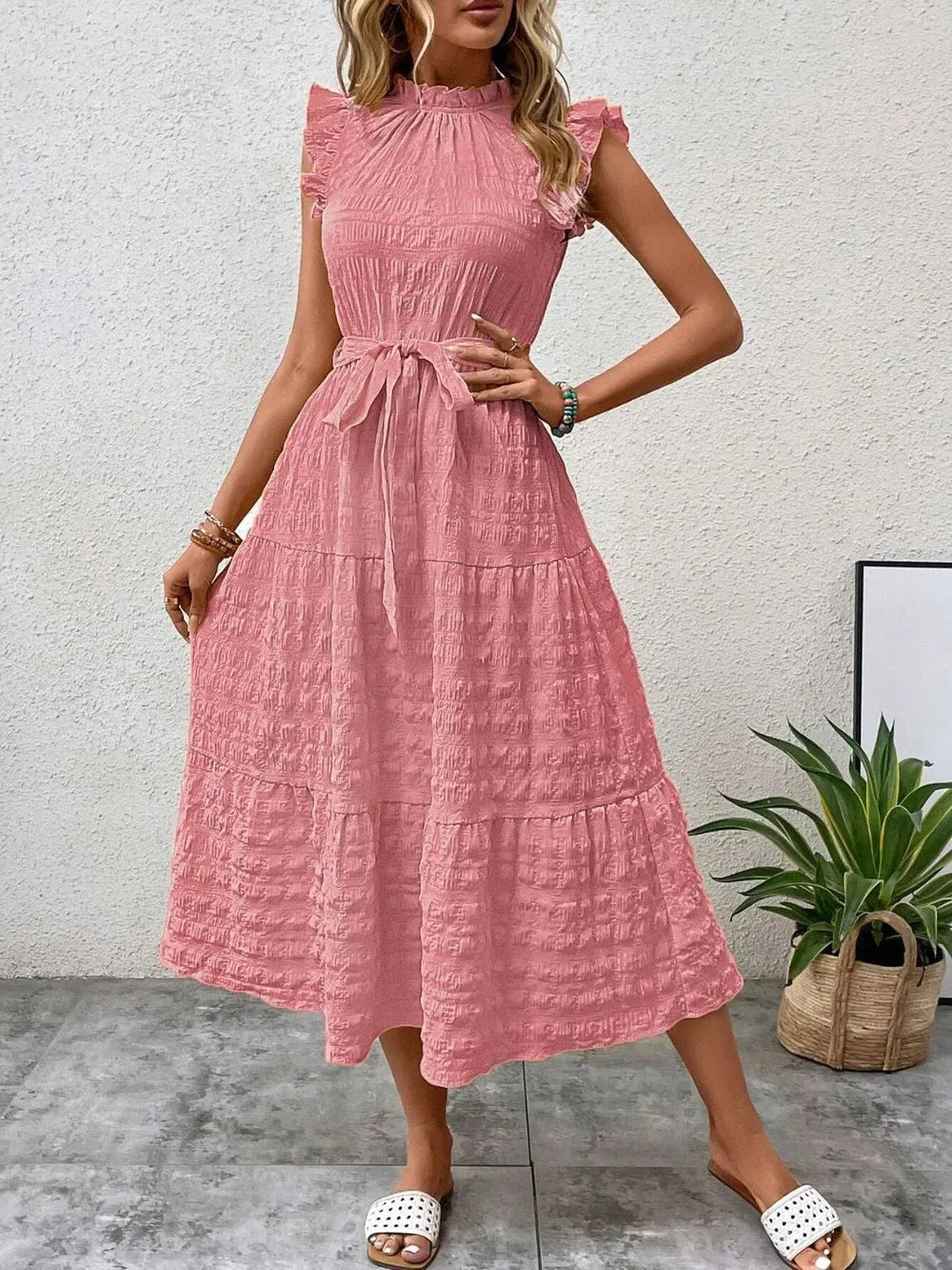 Tied Ruffled Cap Sleeve Midi Dress – Feminine Flowy Style