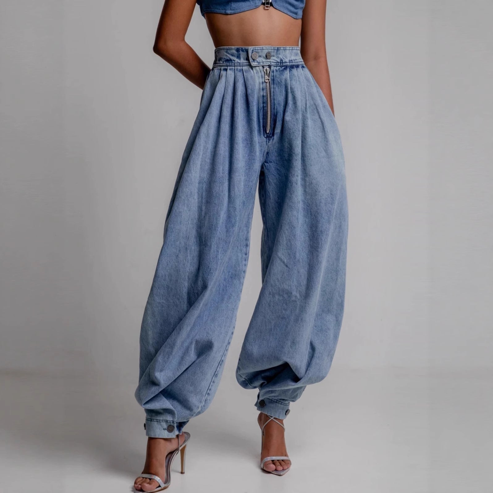 High Waisted Leg-Tie Jeans – Zipper Detail Button Closure Long Pants