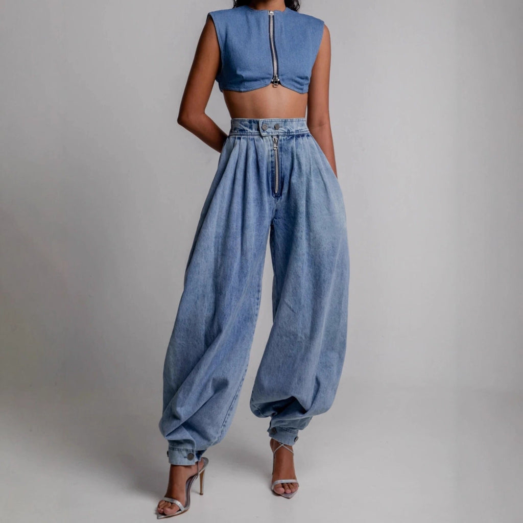 High Waisted Leg-Tie Jeans – Zipper Detail Button Closure Long Pants