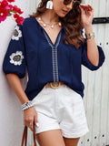 V-Neck Solid Color Loose Long Sleeve Top – Embroidered Tie Detail