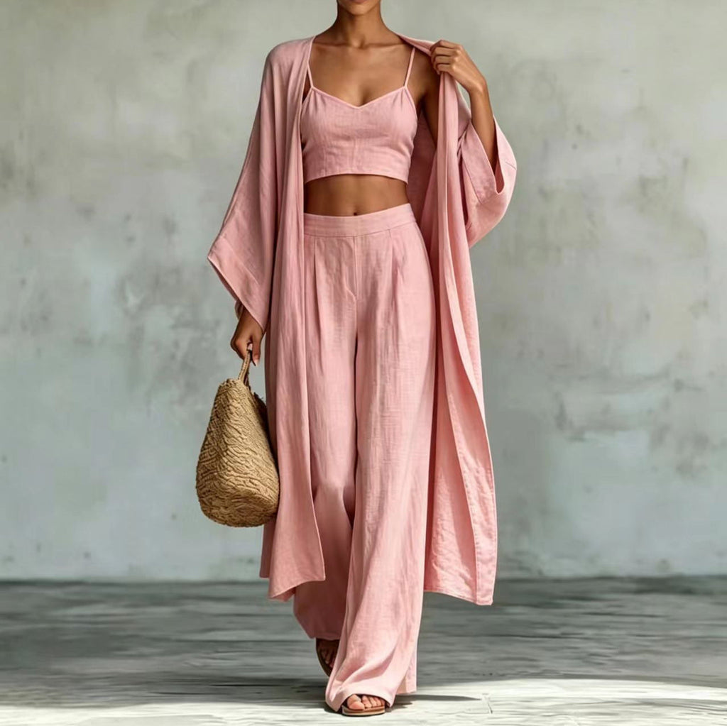 Loose Cardigan & Strap Top High Waist Wide Leg Pants Set – 3-Piece