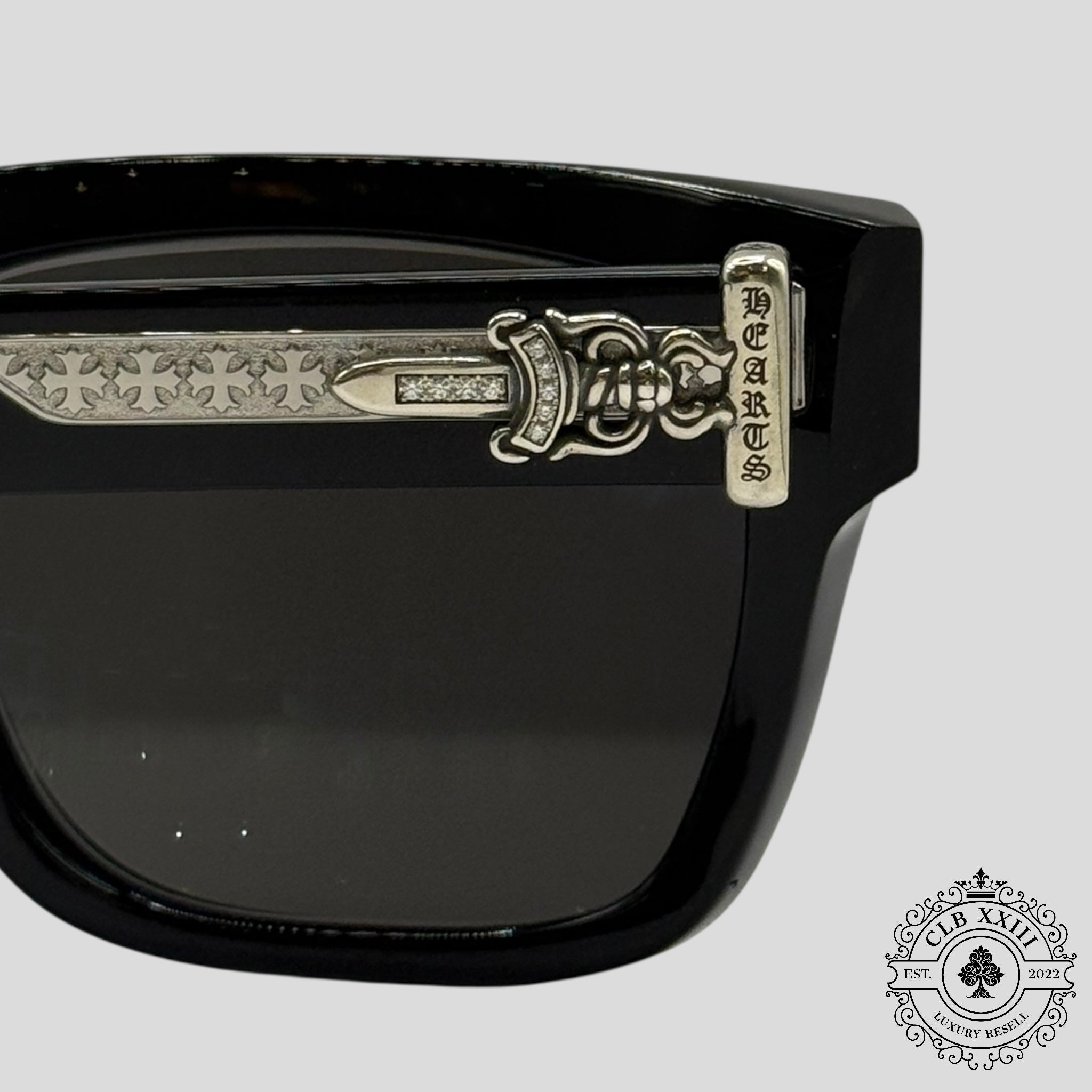 Chrome Hearts Diamond Embellished Box Officer Sunglasses in Black/Silver