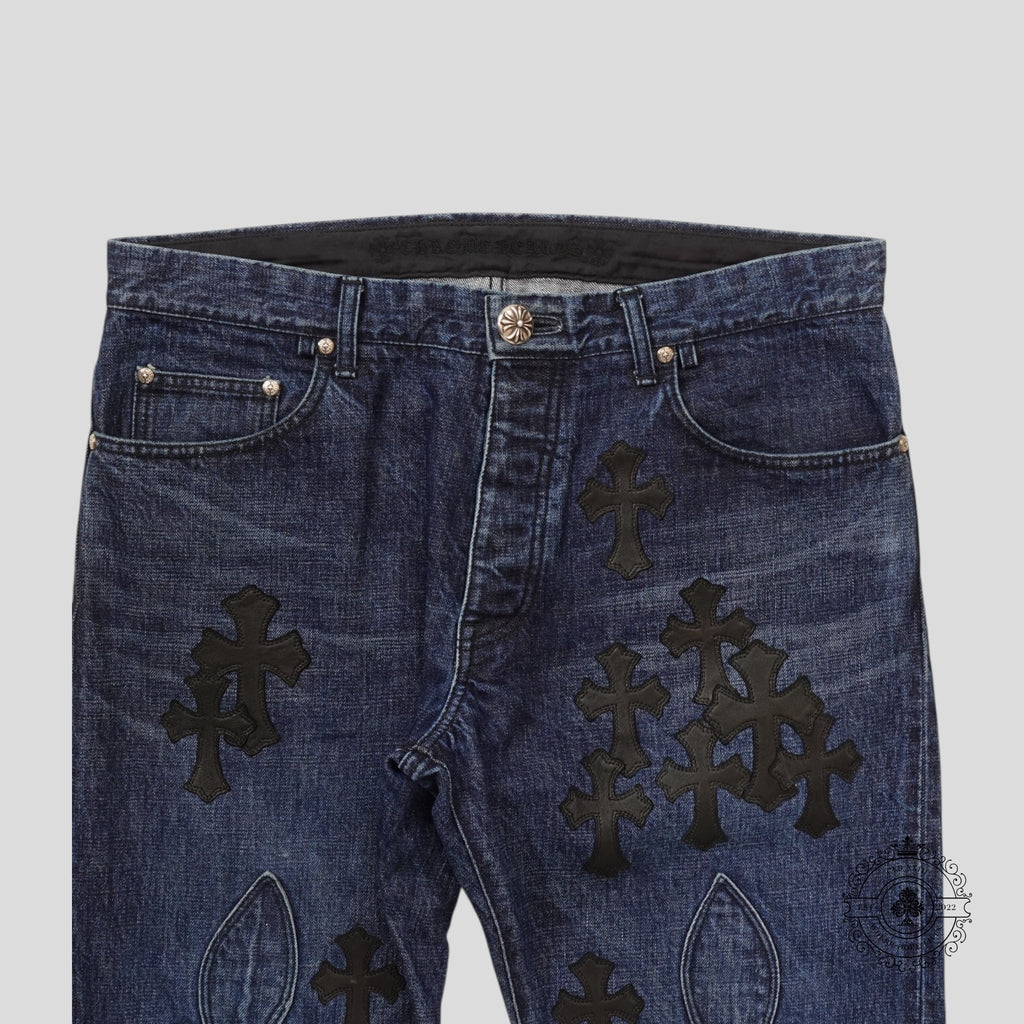 Chrome Hearts Fleur Knee Cross Patch Jeans in Dark Wash/Black