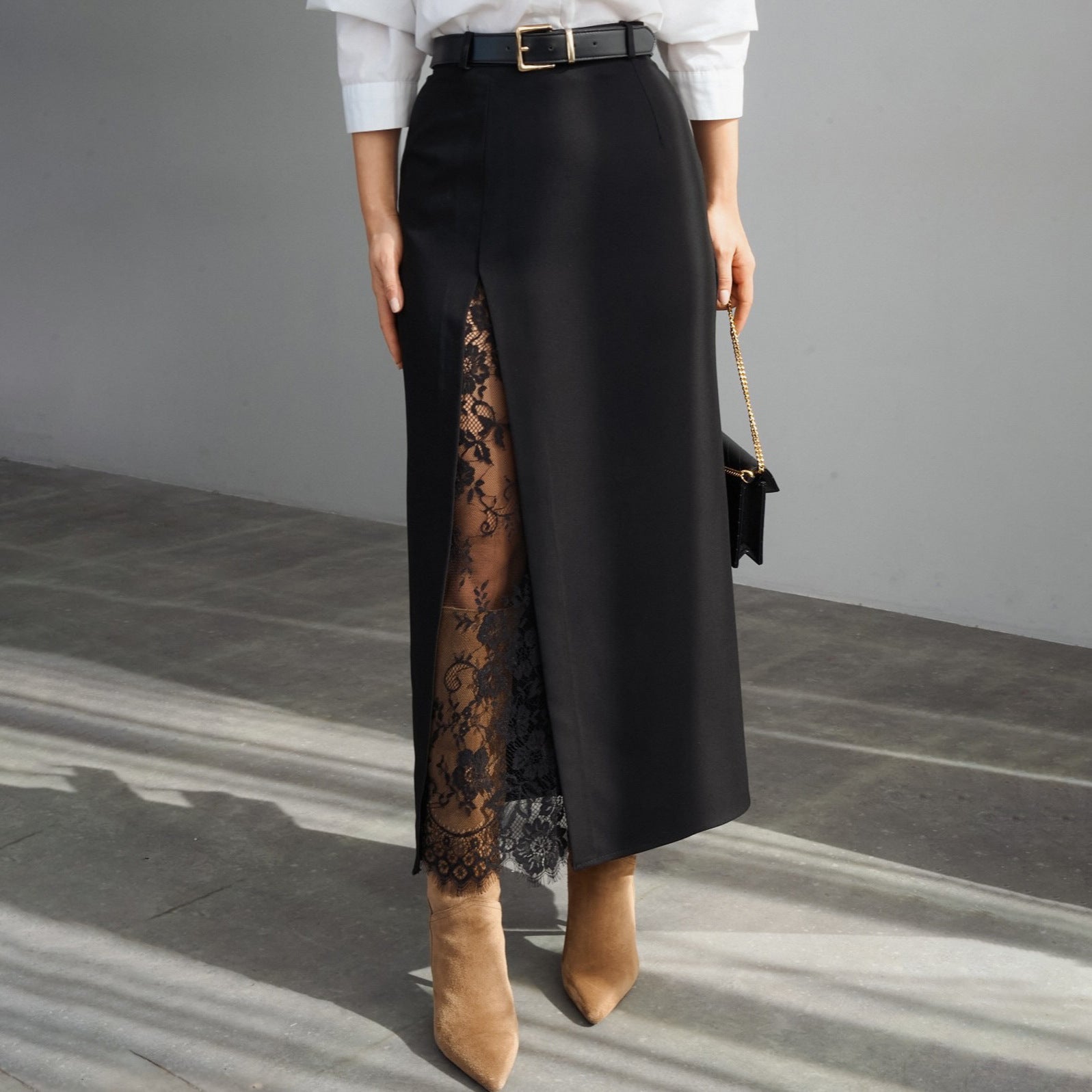 Side Slit Lace Patchwork Maxi Skirt