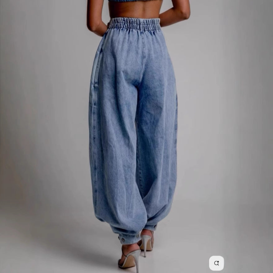 High Waisted Leg-Tie Jeans – Zipper Detail Button Closure Long Pants
