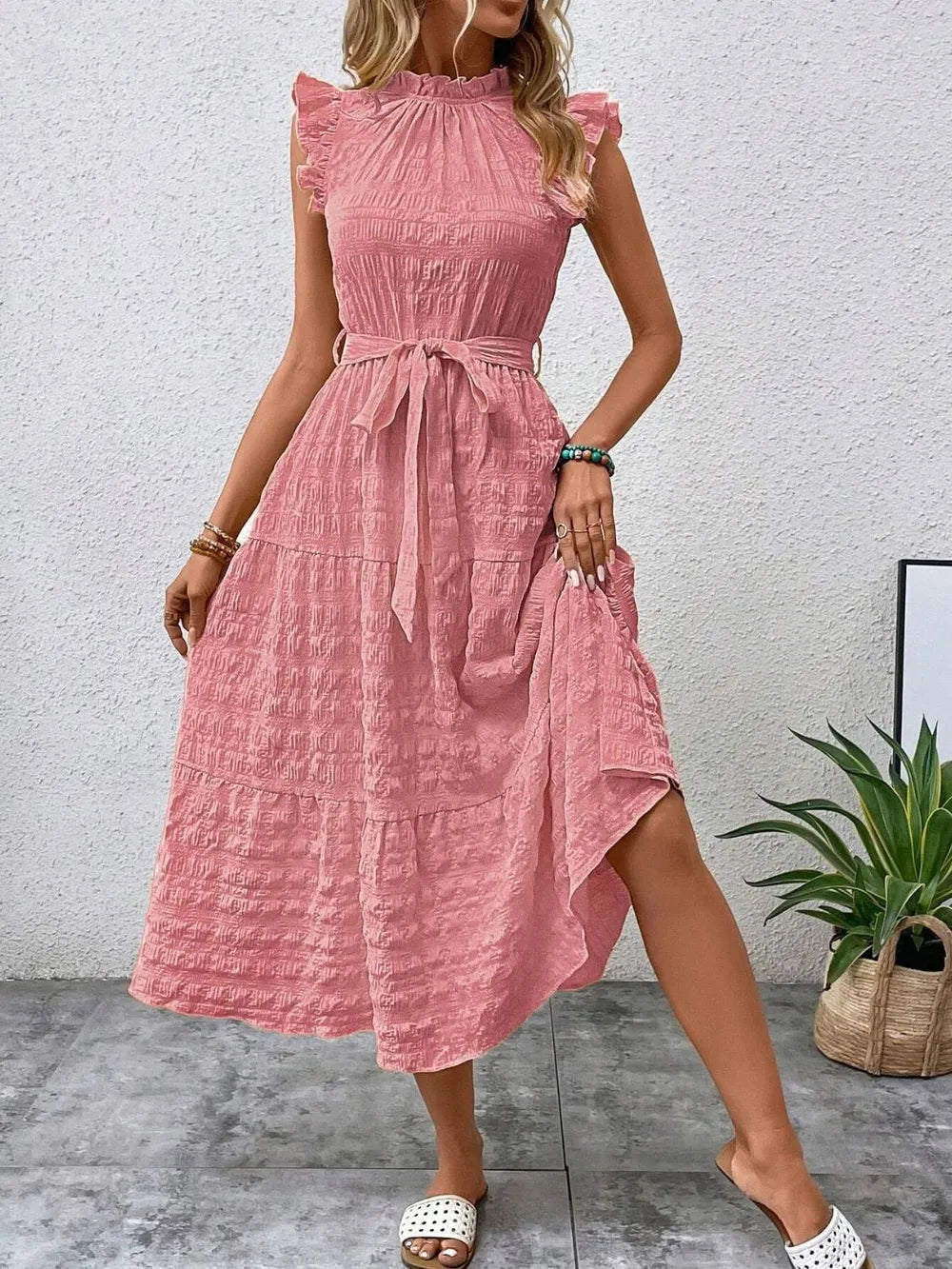 Tied Ruffled Cap Sleeve Midi Dress – Feminine Flowy Style