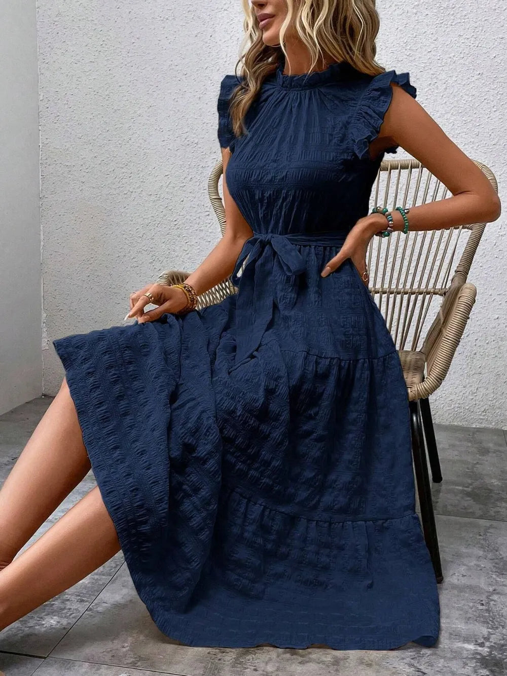 Tied Ruffled Cap Sleeve Midi Dress – Feminine Flowy Style
