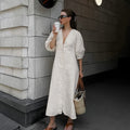 V-Neck Bubble Sleeve Loose Midi Dress in Cotton Linen
