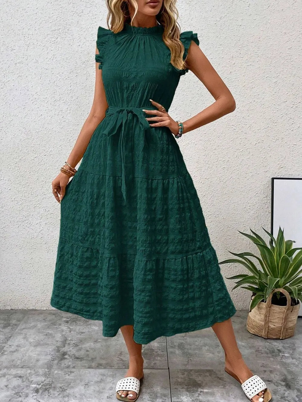 Tied Ruffled Cap Sleeve Midi Dress – Feminine Flowy Style