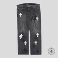 Chrome Hearts Fleur Knee Cross Patch Jeans in Black / White