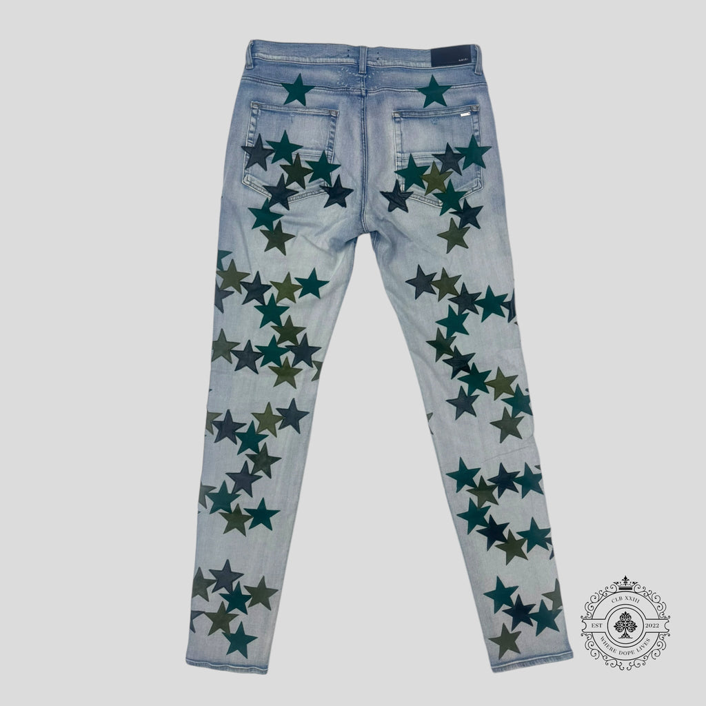Amiri Chemist Star Patch Jeans in Light Indigo / Green