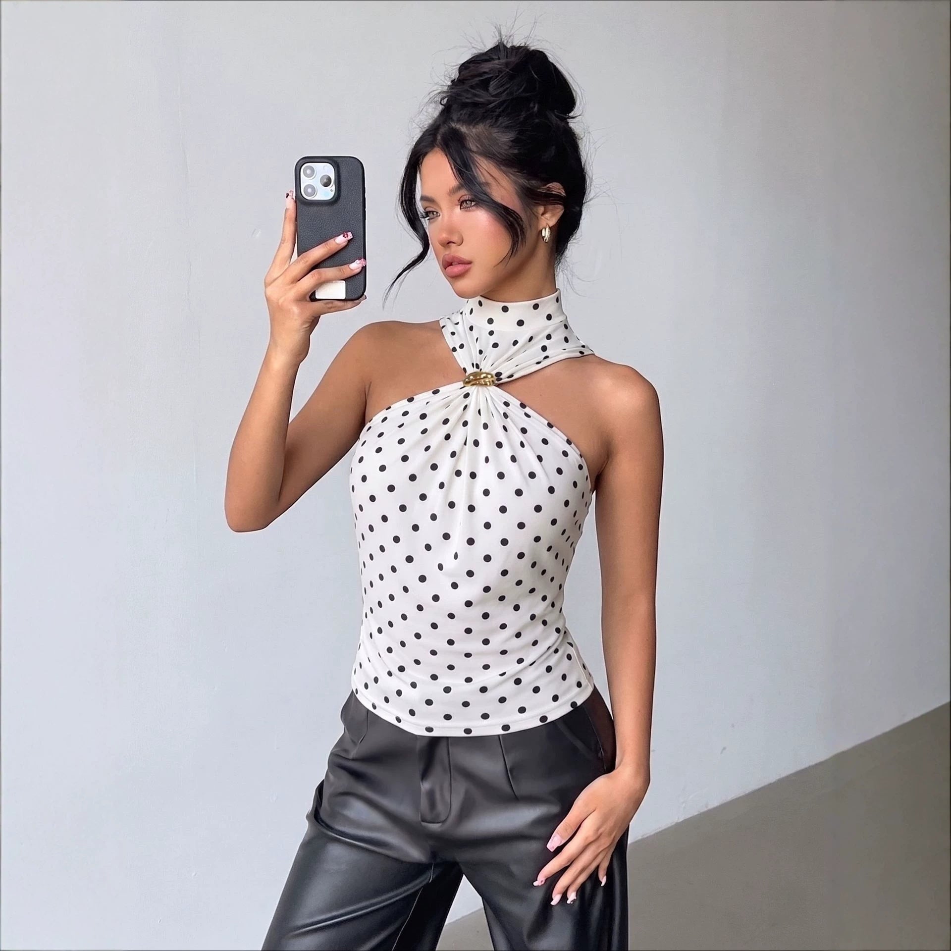 Polka Dot Halterneck Sleeveless Crop Top – Metal Ring Cross-Front Fitted